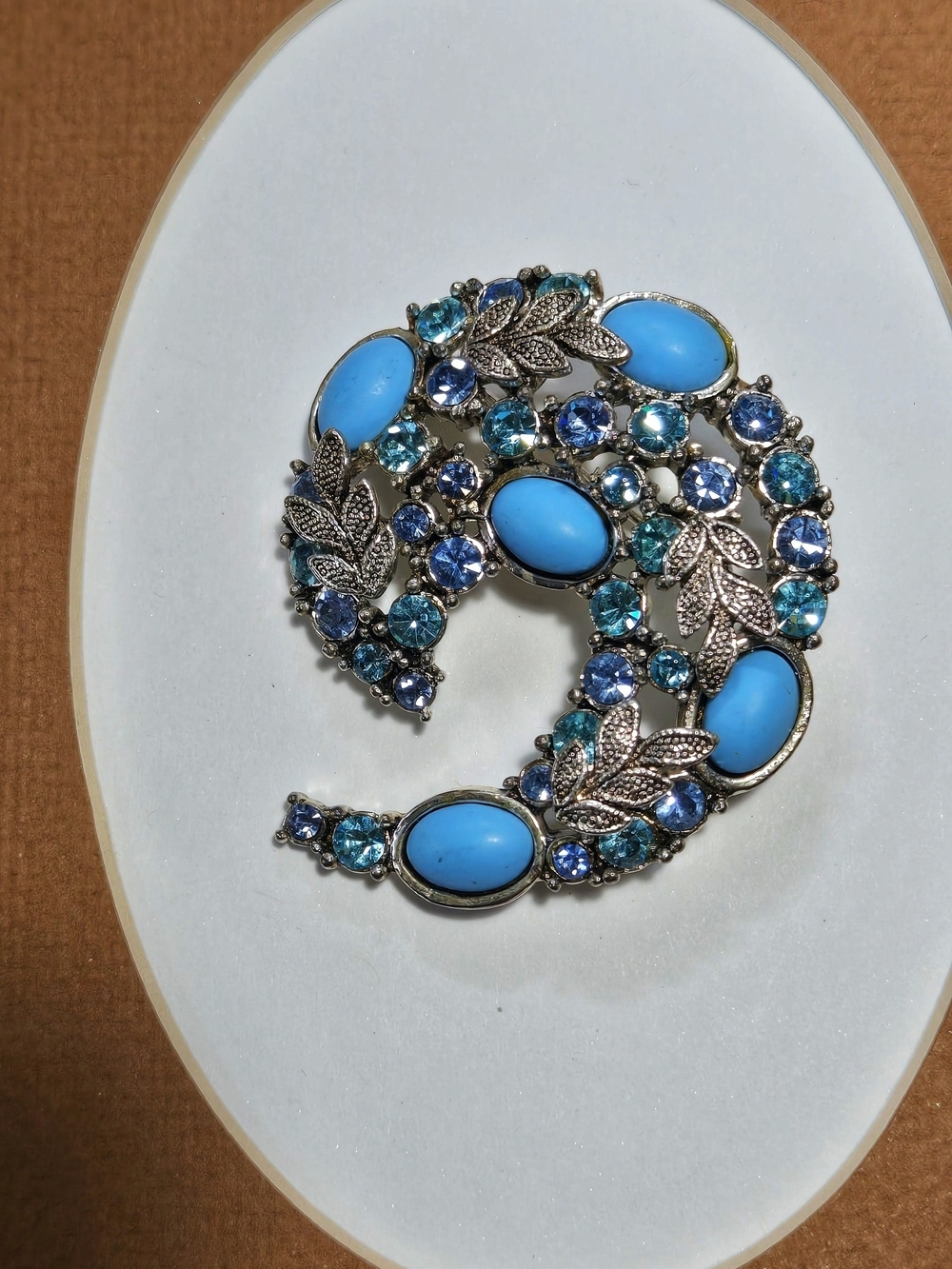 Vintage Turquoise & Blue Crystal Leaf Crescent Brooch